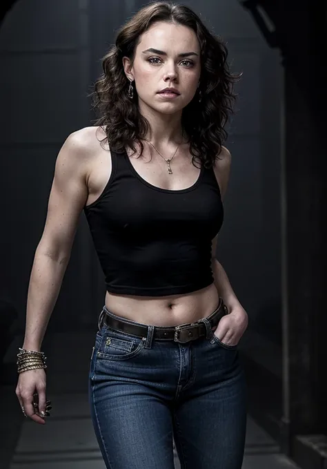 Daisy Ridley Full body, looking like an Glam metal Hard rock band  80s with lots of makeup on her face,  beautiful lips, thin waist, jeans , With biggest busty, With great hair,  in The rock show , looking at The camera,  werewolf, 4k