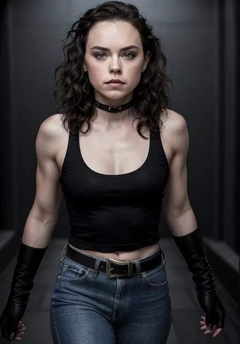 Daisy Ridley Full body, looking like an Glam metal Hard rock band  80s with lots of makeup on her face,  thin arma, beautiful lips, thin waist, jeans , With biggest busty, With great hair,  in The rock show , looking at The camera,  werewolf, 4k