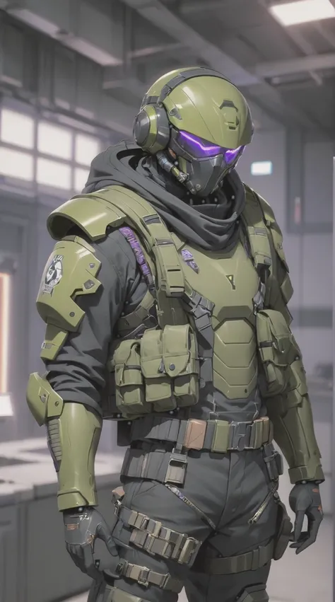 male soldier, snake style, sci-fi olive green helmet with purple visor, black scarf. black baggy pants. olive green shirt, tactical vest and shoulder pads. post acpoalyptic male survivor, soldier, Male soldier, sci-fi, long sleeves, black sleeves, power ar...