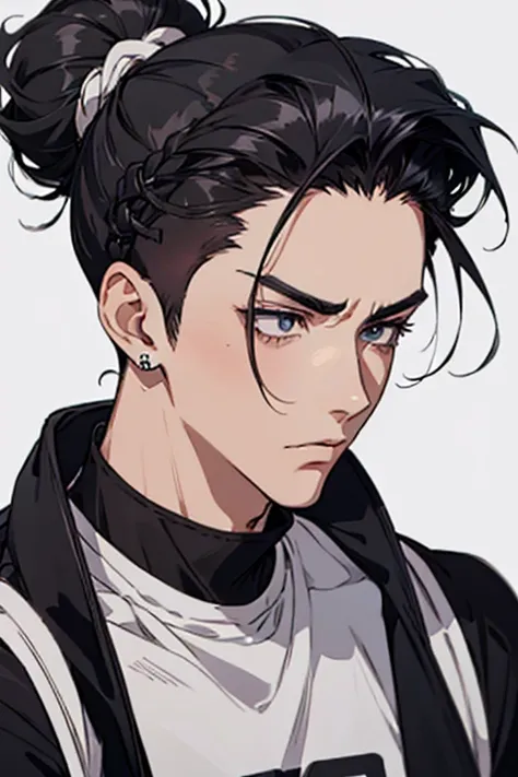 anime man gradient anime young black hair with low bun shaved on the sides turns the hair to the left side in the middle serious face with black earrings sweatshirt