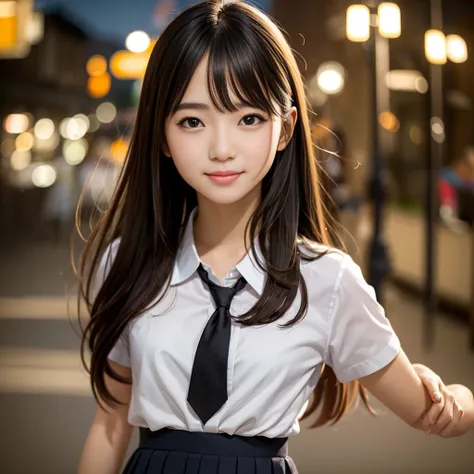 masterpiece, highest quality, 8k, 85mm Portrait, Absurd, beautiful girl, (night, Upper Body:1.5), cute, street, (school uniform, White shirt, Short sleeve, dark brown gray pleated skirt, dark gray tie:1.2), Long Hair, thin, neon, (Lianyungang City, He appr...