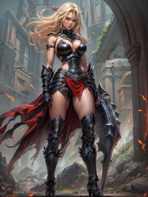 Voluptuous, Busty Blonde Female Dark Knight in ((((Black Full Plate Metal)) Bikini Armor)), Red Eyes, Thigh high Full Metal Plate Armored Boots. (((Full Body View))), Long hair, Messy bun, Wielding a Black Great Sword, (Red Cloak), (Red cheerleader Skirt),...