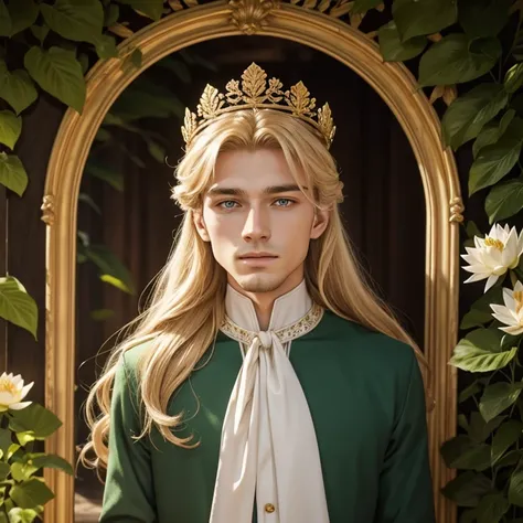 un bel homme européen et une couronne de laurier sur la tête, roi féerique de la forêt dété, beautiful homme blond, dieu du printemps, dieu de la nature, dieu aux cheveux blonds, dieu de la nature, tons verts et rouges, dark green Poils de feuilles, homme ...