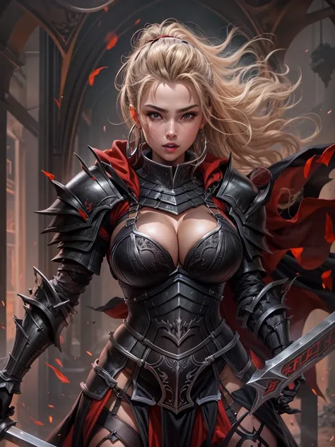 Voluptuous, Busty Blonde Female Dark Knight in ((((Black Full Plate Metal)) Bikini Armor)), Red Eyes, Thigh high Full Metal Plate Armored Boots. (((Full Body View))), Long hair, Messy bun, Wielding a Black Great Sword, (Red Cloak), (Red cheerleader Skirt),...