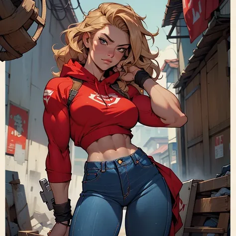 a woman with a gun in her hand, chiseled abs, in clothes! highly detailed, trending on pintrest, red hoods, sangsoo jeong, musclebound and hulking, wavy blond hair, muscular character, ( ( ( wearing jeans ) ) ), muscular characters, very tight small push u...