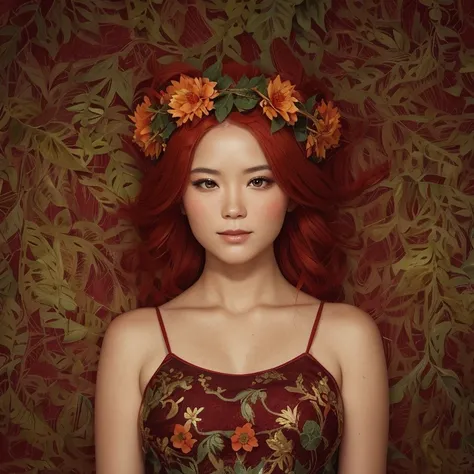 asian woman with red hair and a wreath of flowers on her head, fairy queen of the summer forest, beautiful femme rousse, Goddess of Spring, goddess of nature, red haired goddess, goddess of nature, tons verts et rouges, dark green Poils de feuilles, femme ...