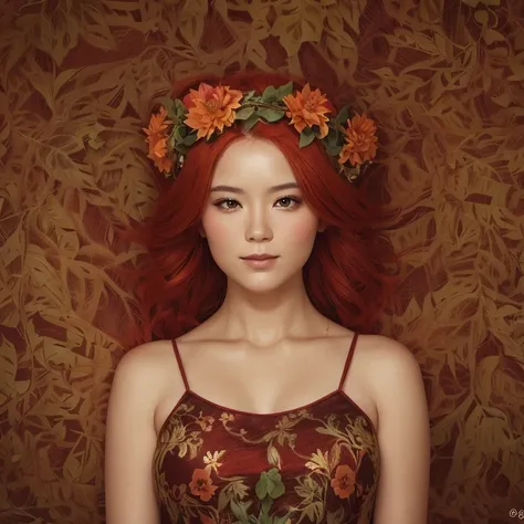 asian woman with red hair and a wreath of flowers on her head, fairy queen of the summer forest, beautiful femme rousse, Goddess of Spring, goddess of nature, red haired goddess, goddess of nature, tons verts et rouges, dark green Poils de feuilles, femme ...