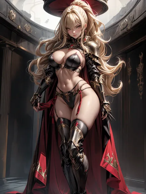 Voluptuous, Busty Blonde Female Dark Knight in ((((Black Full Plate Metal)) Bikini Armor)), Red Eyes, Thigh high Full Metal Plate Armored Boots. (((Full Body View))), Long hair, Messy bun, Wielding a Black Great Sword, (Red Cloak), (Red Pleated Skirt), det...