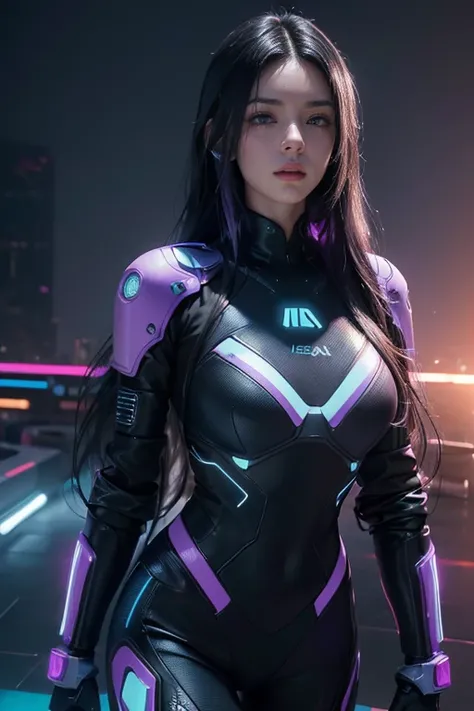 (long wavy black hair with blue and purple neon lighting:1.2),(foto em close:1.2) melhor qualidade de imagem, obra de arte, ultra-high resolution, (Fidelidade:1.4), ((personagem cyberpunk)), Mila Kunis, decote profundo, seios grandes,  cybernetic headwear,...