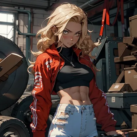 a woman with a gun in her hand, chiseled abs, in clothes! highly detailed, trending on pintrest, red hoods, sangsoo jeong, musclebound and hulking, wavy blond hair, muscular character, ( ( ( wearing jeans ) ) ), muscular characters, very tight small push u...