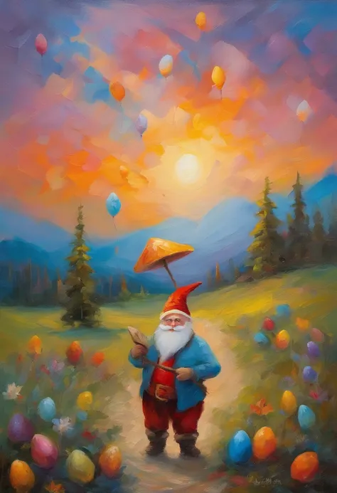 masterpiece, Best quality, gnomes and santa claus celebrate easter, summer, Floating in the sky, Close-up, bright, happy, warm soft lighting, sunset