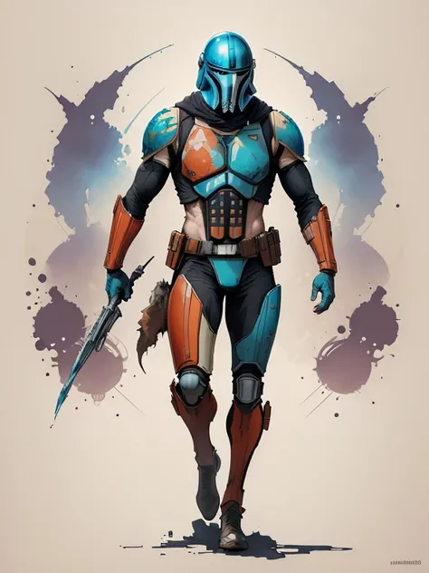 ((digital drawing)),((4k)),((JIM EIDOMODE)), The Mandalorian ink drawing, digital illustration, Comic book style, watercolor, art station style, Concept art, 2D illustration, by Peter Draws, by Carne Griffiths, by Vadim Kashin, full body, centered, detaile...