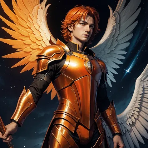 Archangel Uriel in his orange armor, alas gigantes con ojos, volando en el cielo, Renaissance illustration