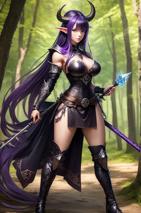 Masterpiece, top quality), (detailed hair), ultra detailed, anime style, full body, solo, viking tiefling woman, Muscular body shape, wearing black viking armor, black hair and crystal blue eyes, pale purple skin, holds two axes, wears high armor boots , s...