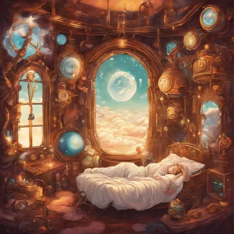 A girl sleeps in white fluffy blankets in a steampunk room on a steampunk bed and planets are flying outside the window,
A huge cute steampunk bear with button eyes sits next to the bed.,
beautiful,  cute