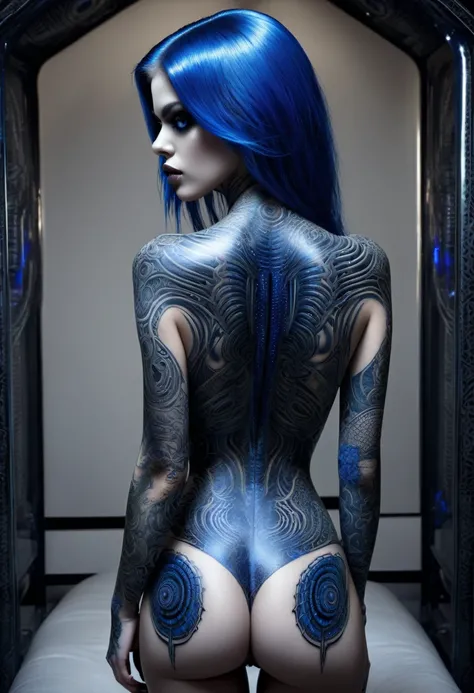 Hr giger tattooed sexy seductive dead girl,perfect face, hyper detailed sapphire eyes, full body view,(look from the back:1.2)