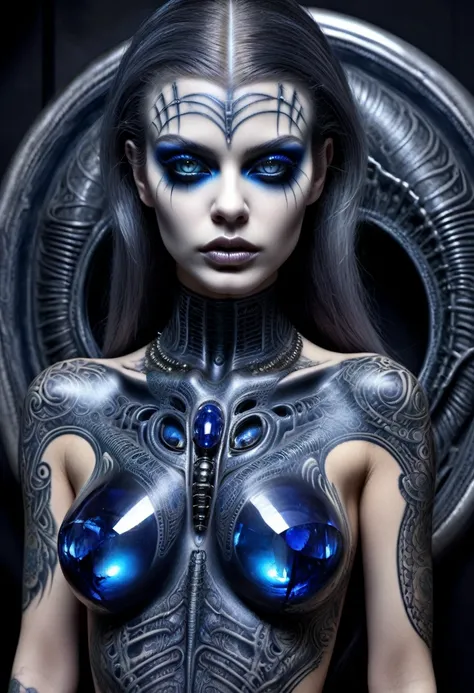 Hr giger tattooed sexy seductive dead girl,perfect face, hyper realistic detailed sapphire eyes, full body view,