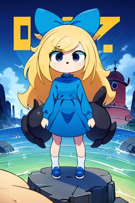 1girl,blue dog ears blue dress White socks black shoes black eyes blonde hair  blue bow standing on a boat, giant octopus monster,