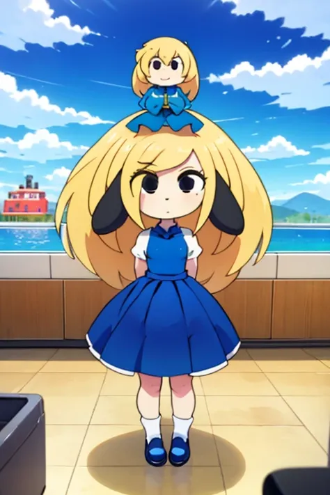 1girl,blue dog ears blue dress White socks black shoes black eyes blonde hair  blue bow standing on a boat, giant octopus monster,