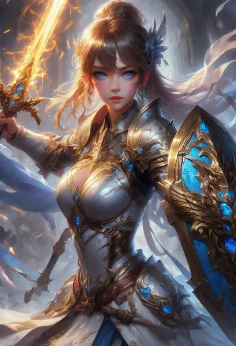 1girl,Swordsman,Sword and shield,(best swordsmanship, skilled swordsman,sword fighting expert,ethereal swords,forcefield defense:1.2),(great detail,ultra detailed,sharp focus,highres),(fantasy,illustration),(detailed armor,glistening metal),(epic battle,ac...