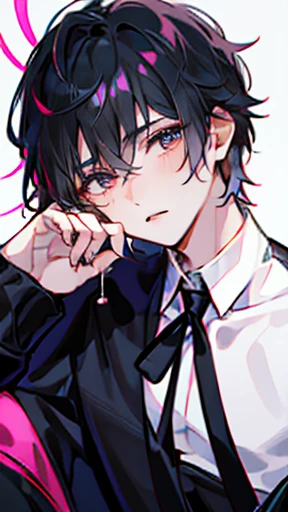 ((best quality)), ((masterpiece)), (detailed), (1man, perfect male body, handsome male), solo, messy black hair with hot pink an...