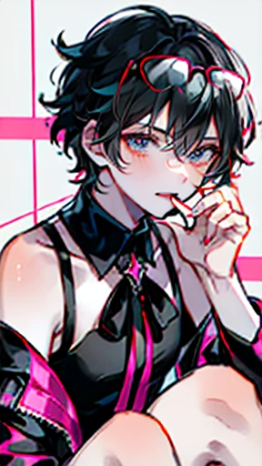 ((best quality)), ((masterpiece)), (detailed), (1man, perfect male body, handsome male), solo, messy black hair with hot pink an...