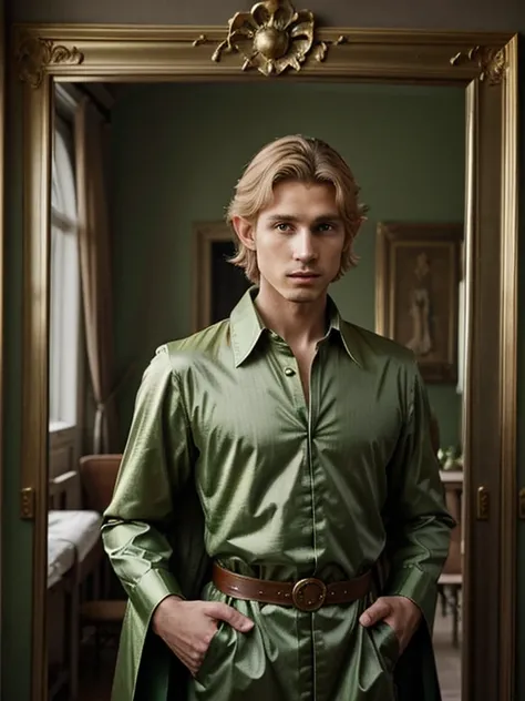 homme aux cheveux blonds en manteau vert et couronne d&#39;or debout devant un miroir, portrait du prince blond magique, beau prince androgyne, délicat prince androgyne, Beautiful male elf, le prince des fleurs, renaissance prince, portant une couronne et ...