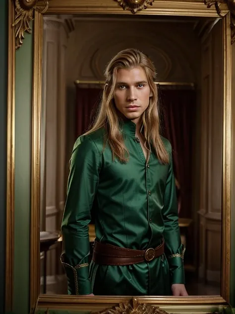 homme aux cheveux blonds en manteau vert et couronne d&#39;or debout devant un miroir, portrait du prince blond magique, beau prince androgyne, délicat prince androgyne, Beautiful male elf, le prince des fleurs, renaissance prince, portant une couronne et ...