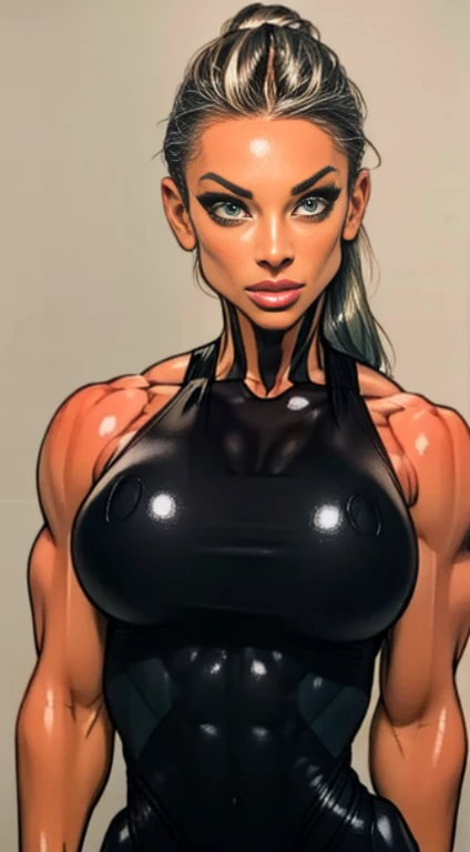 Drawing of katopunk female fitness model, toned body, feminine, huge upper body, torso shot, wide shoulders, veins, beautiful face, full lips, slim face, high cheekbones,(best quality, highres, ultra-detailed, realistic), muscular arms, defined abs, confid...