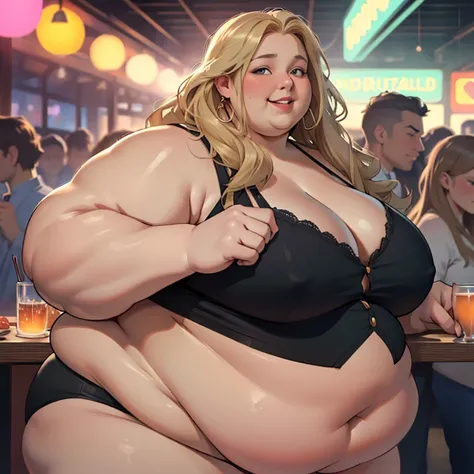 (masterpiece, best quality, absurdres, detailed, realistic:1.2), beautiful young woman, USSBBW, (morbidly obese:1.4), (fatblob:1.4), college girl, enthusiastic, open smile, detailed face, crowded party, holding alcoholic drink, gigantic belly, long wavy bl...