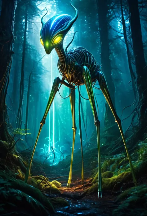 Best quality, high resolution, masterpiece, alien forest, dark Fantasy Art, science fiction Art, horror art, mystery, strong electromagnetic waves, cute creature, long legs, glowing atmosphere, magical, enchanted forest, brilliant colours, mysterious aura,