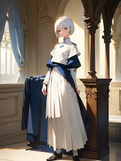 1girl, full body, white hair, short hair, blue eyes, flat chest, gallant expression, white uniform, blue linings, pleated skirt, masterpiece, beautiful face, detailed eyes, clean fingers, plain room, standing upright, medieval hotel room, detailed backgrou...