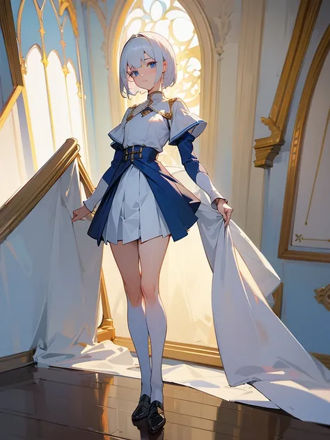 1girl, full body, white hair, short hair, blue eyes, flat chest, gallant expression, white uniform, blue linings, pleated skirt, masterpiece, beautiful face, detailed eyes, clean fingers, plain room, standing upright, medieval hotel room, detailed backgrou...