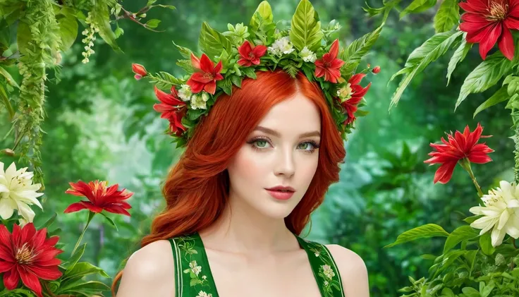 The image portrays a young woman with striking red hair, adorned with a crown of vibrant red flowers and lush green leaves. Her eyes, a captivating shade of green, seem to sparkle with a hint of mischief. She is dressed in a green top that complements the ...