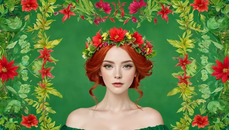 The image portrays a young woman with striking red hair, adorned with a crown of vibrant red flowers and lush green leaves. Her eyes, a captivating shade of green, seem to sparkle with a hint of mischief. She is dressed in a green top that complements the ...