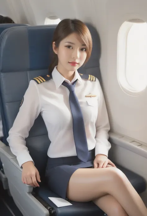 arafed woman sitting on a plane seat with her crossing your legs, cute pilot girl, pilot girl, plane, japanese model, girl in un...