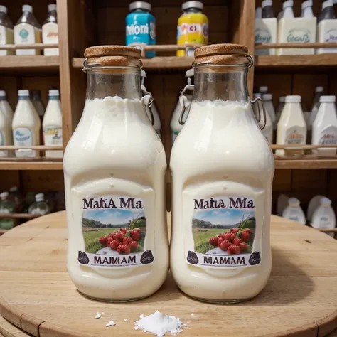 Bottles of yoghurt and milk with a label of  MAMA PRODUCTS 