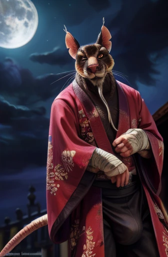 low-angle view,
standing, night, moonlight, clothed, kimono, red kimono, rat tail, red eyes, goatee, brown body, white fur, black fur, bandages, safe,
(master splinter:1.2), looking at viewer, front view, solo, topwear, bottomwear, massive bulge,
BREAK,
by...