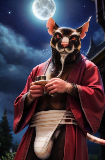 low-angle view,
standing, night, moonlight, clothed, kimono, red kimono, rat tail, red eyes, goatee, brown body, white fur, black fur, bandages, safe,
(master splinter:1.2), looking at viewer, front view, solo, topwear, wearing white fundoshi, massive bulg...