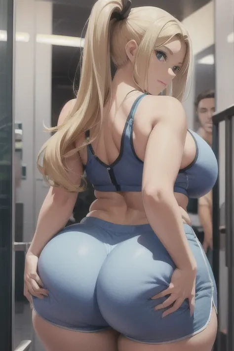 High resolution , mature white girl, ((bimbo))), long blonde, ponytail, wide hips, thick thighs, hourglass figure, small round breast, huge ass size, Brazilian butt lift, (dolphin shorts:1.3), shorts cover her ass, (((she is walking through a crowded hallw...