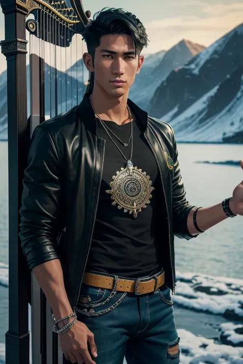 Keahu Kahuanui 20 year old boy with open black jacket blue t-shirt with snow print short black hair punk style yellow locks black jeans green eyes black leather belt silver buckle muscular build slim cross medallion silver bracelet looking straight at view...