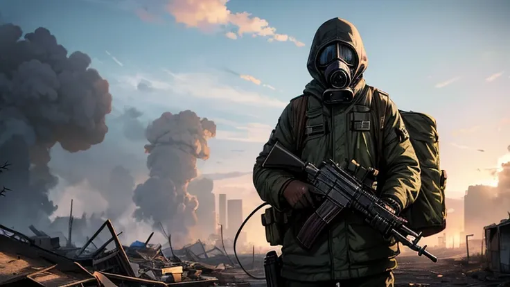 Wanderer with covered faces, gas mask, holding ak-47 rifle, wandering in destroyed world, apocalypse, radioactive
