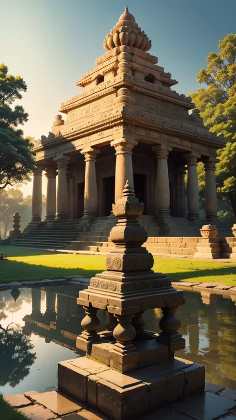 An ancient Indian temple, shrouded in mythological mystery, towers above the lush greenery. Its intricately carved walls tell tales of gods and goddesses, intriguing every visitor who approaches. The temples aged stones, worn by time, emit a faint, otherwo...