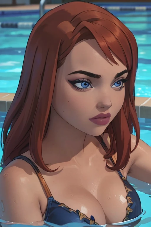 (a girl swimming in a pool, red curly hair),illustration,summery atmosphere,beautiful detailed eyes,beautiful detailed lips,extremely detailed face,long eyelashes,sparkling water reflections,refreshing blue pool water, best quality,highres,ultra-detailed,r...