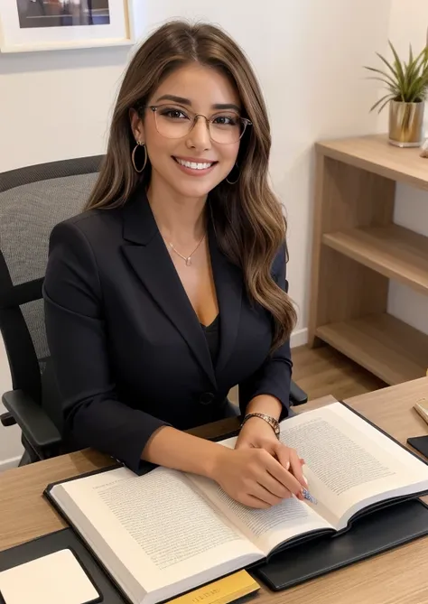 una mujer ejecutiva, elegante con gafas sentada en una silla dentro de una oficina, sonriendo, mirando al espectador,atractiva s...