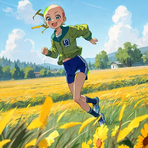 Bald girl, running in a field in happines, 9 years old, anime style