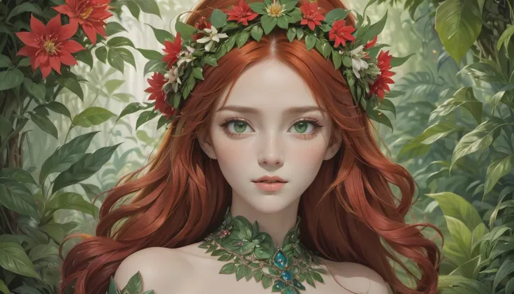 The image portrays a young woman with striking red hair, adorned with a crown of vibrant red flowers and lush green leaves. Her eyes, a captivating shade of green, seem to sparkle with a hint of mischief. She is dressed in a green top that complements the ...