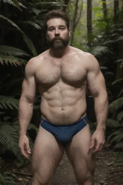 Dois homens de 50 anos, pale skin and strong, hairy chest, um musculoso com o peito peludo usando apenas uma Speedo vermelha e o outro gordinho usando regata branca e short curto, are in a forest, olhando um para o outro. Natural lighting photography effec...