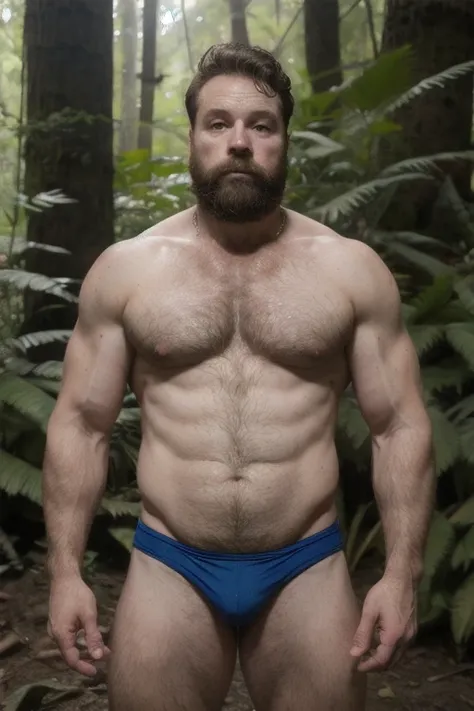 Dois homens de 50 anos, pale skin and strong, hairy chest, um musculoso com o peito peludo usando apenas uma Speedo vermelha e o outro gordinho usando regata branca e short curto, are in a forest, olhando um para o outro. Natural lighting photography effec...