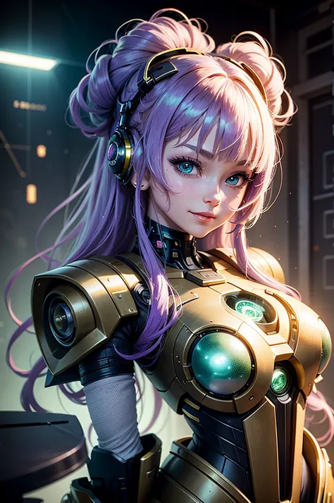 A robot girl ，Asia face，Golden hair，With bangs，hair tying up ，Big green eyes ，Look at the camera with a smile  ，quadratic element，She wears heavy sci-fi white armor，The lamp on the armor is purple ，Set in the ruins of a future war，There are also spaceships...